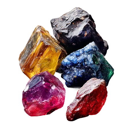 A variety of colorful rocks arranged on a dark black surface, showcasing their unique textures and hues